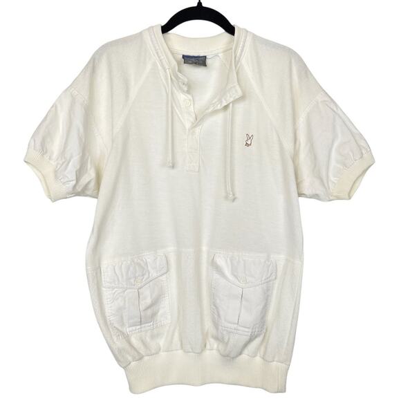 Vintage Playboy Shirt Short Sleeve Front Pockets Ribbed Cuffs Ivory White Size L - Picture 1 of 10